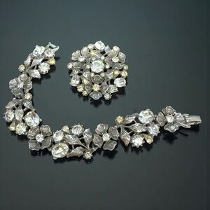Vintage Silver & Clear Rhinestone Floral Brooch & Bracelet Set